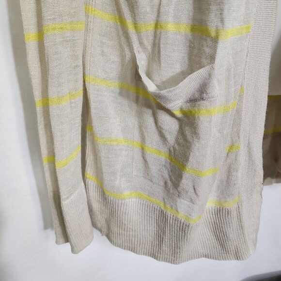 Ann Taylor Loft Sweater Lg Open Front Knit Cardigan Beige Yellow Striped Pockets - Picture 6 of 9